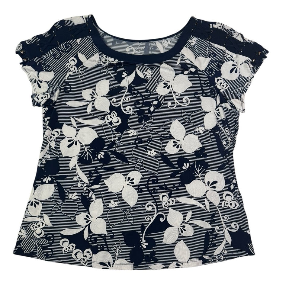 Women’s‎ Navy Floral Short Sleeve Top XL White Print Lace-Up Shoulder Detail